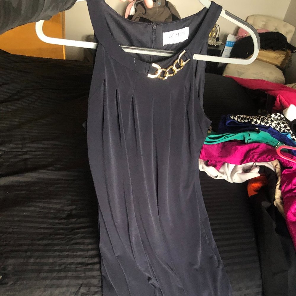 Navy high neck dress w/ chunky gold chain detail